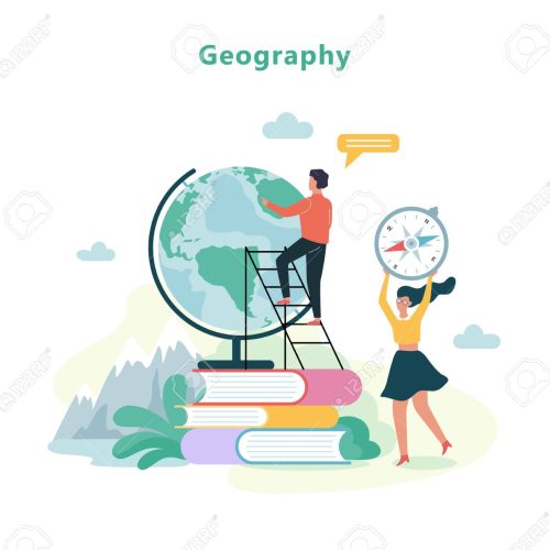 Geography subject at school. Idea of education and knowledge. Girl holding compass. Isolated vector illustration in flat style