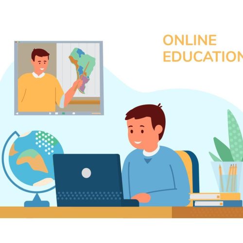 boy-sitting-at-desk-in-front-of-laptop-learning-by-video-conference-with-teacher-online-or-distant-education-geography-lesson-study-from-home-flat-illustration-vector